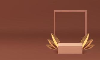 Pastel 3d podium with frame and golden leaves for presentation realistic illustration vector