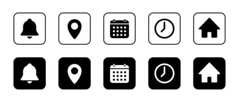 Bell, location, date, time, and home icon on black square. Notification, address, calendar, clock, and house sign symbol vector