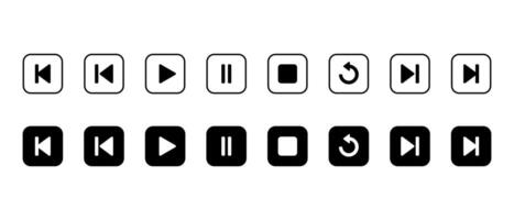 Previous, play, pause, stop, repeat, and next track icon on black square. Media player control button vector