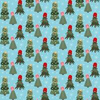 Winter, Christmas and New Year Noel tree in warm beanie hats with garland, balls, stars and snowflakes hand drawn craft seamless pattern. vector