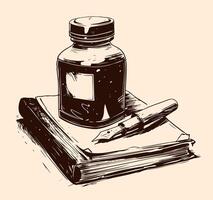 Beautiful hand drawn vintage pen and inkwell Illustration. Detailed retro style image. Sketch element for labels and cards design. vector