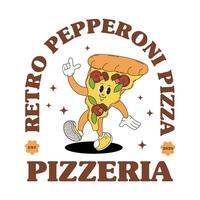Retro logo mascot with pizza. Groovy food mascot for pizzeria, bistro, pub, cafe menu and more. vector