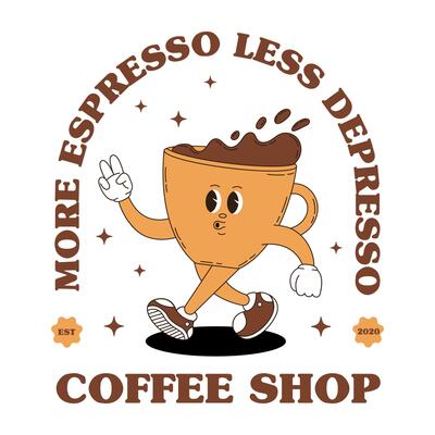 Retro logo mascot with coffee. Groovy food mascot for coffee shop, cafe menu and more.