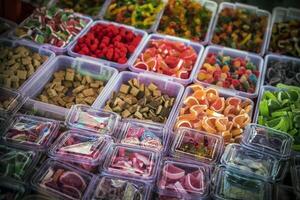 Assortment of colorful handmade candies in boxes on a stall photo