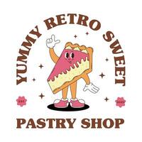 Retro logo mascot with cheesecake. Groovy food mascot for bakery, pastry shop, cafe menu and more. vector