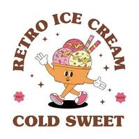Retro logo mascot with ice cream. Groovy food mascot for bakery, pastry shop, cafe menu and more. vector