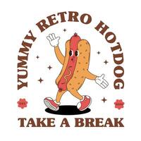 Retro logo mascot with hotdog. Groovy food mascot for bistro, pub, cafe menu and more. vector