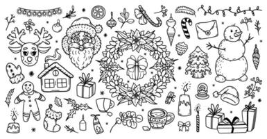 Merry Christmas doodle set. Festive outline Holiday Illustrations Featuring Santa Snowman, Gifts, Trees and More. Hand Drawn new year collection. Winter design doodle elements in line art style vector