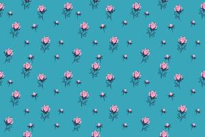 Colorful seamless floral pattern with abstract tiny rose, buds. hand drawn sketch cute ditsy flowers print on a blue background. Minimalist ornament for surface designs, children textiles, vector