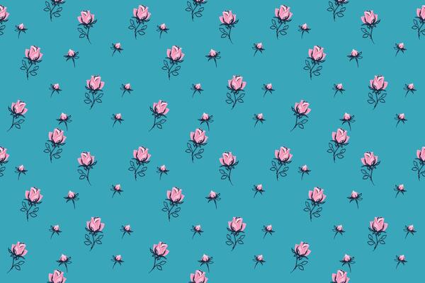 Colorful seamless floral pattern with abstract tiny rose, buds. hand drawn sketch cute ditsy flowers print on a blue background. Minimalist ornament for surface designs, children textiles,