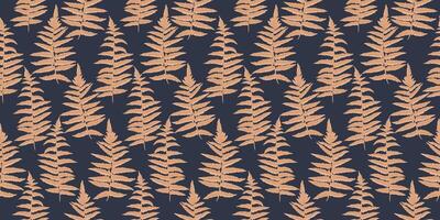 Abstract artistic leaves fern seamless pattern. hand drawing. Stylized gold plants print on a black dark background. Simple ornament for designs, textile, fabric, cover vector