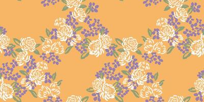 Abstract, artistic shapes rose flowers intertwined in a seamless pattern on a yellow background. Blooming floral are arranged in rhombus. hand drawn sketch. vector