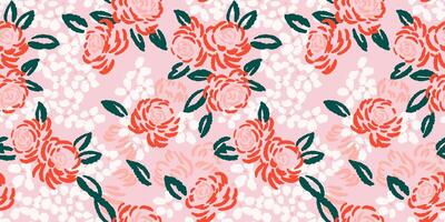 Blossoms seamless pattern with abstract, artistic shapes rose flowers, leaves, buds. hand drawn sketch. Colorful floral brush ornament on a pink background. vector