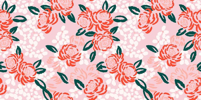 Blossoms seamless pattern with abstract, artistic shapes rose flowers, leaves, buds. hand drawn sketch. Colorful floral brush ornament on a pink background.
