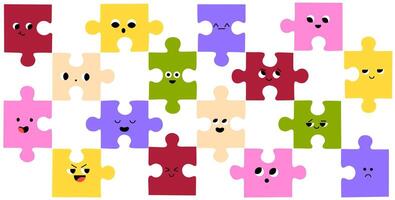Abstract Puzzles with Faces. Various Emotions. Different colored characters. Cartoon style. Flat design. Hand drawn trendy illustration. vector