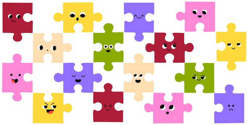 Abstract Puzzles with Faces. Various Emotions. Different colored characters. Cartoon style. Flat design. Hand drawn trendy illustration.