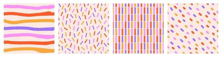 Seamless pattern set of colorful hand drawn lines, strip, confetti. Trendy design with abstract shapes, simple and playful doodle wallpaper print vector