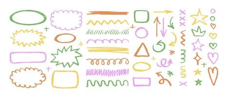 Sketch scribble underline set editable stroke, emphasis line shape. Hand drawn doodle brush highlight, arrow, speech bubble cloud. Simple illustrations vector