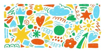 Hand drawn set of colorful charcoal abstract shapes. collection of contemporary texture figure in doodle style. Design elements perfect for banner, print, stickers, decor vector