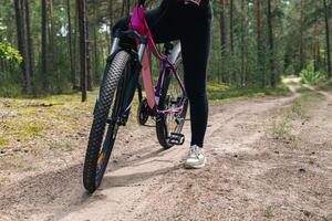 Bicycle parked on a forest trail, suggesting a perfect setting for mountain biking. The trail winds through dense trees, providing a scenic and adventurous backdrop. photo