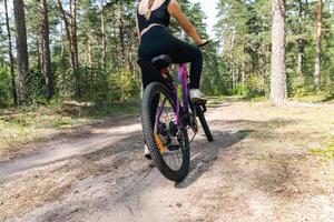 Bicycle parked on a forest trail, suggesting a perfect setting for mountain biking. The trail winds through dense trees, providing a scenic and adventurous backdrop. photo