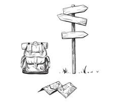 Hand drawn retro paper Hikers map for exploring, landscape with camp. Signpost wooden and Backpack sketch for adventure or tourism trip on isolated background. ink illustration wood pointer way vector