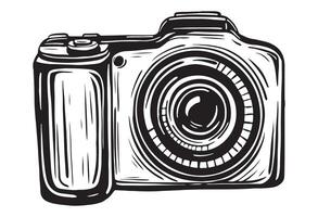 Camera engraving black and white outline. Vintage ink Hand drawn drawing sketch camera line art, illustration background vector