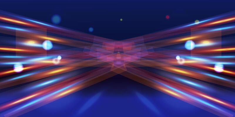 Abstract colorful light streaks with bokeh effects on a dark blue gradient background