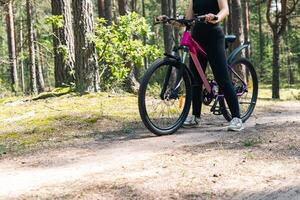 Bicycle parked on a forest trail, suggesting a perfect setting for mountain biking. The trail winds through dense trees, providing a scenic and adventurous backdrop. photo