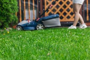 This image captures someone mowing their lawn with a push lawn mower. The person is holding onto the handle, guiding the mower over a well-maintained grassy area. photo