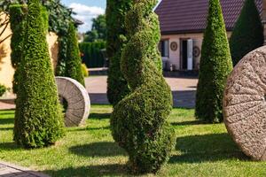 Well-kept garden with a variety of topiary shrubs and a decorative stone mill wheel. With a brick pathway leading into the center of the garden. The trees and shrubs have been carefully shaped. photo