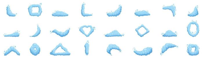 Foam frame icons set. Soap suds bubbles in different shapes forming abstract patterns vector