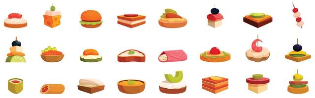 Buffet finger food appetizer icons set. Catering service offering delicious and elegant appetizers for events vector
