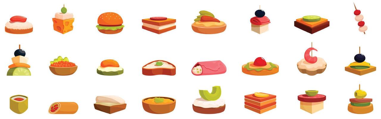 Buffet finger food appetizer icons set. Catering service offering delicious and elegant appetizers for events