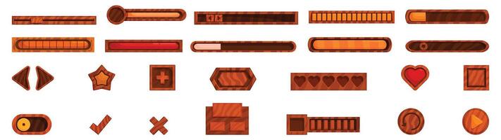 Wooden progress bar icons set. Wooden game asset collection featuring progress bars, buttons, and icons vector