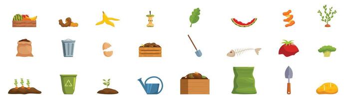 Composting icons set. Composting organic waste for sustainable agriculture and gardening promoting eco friendly practices vector