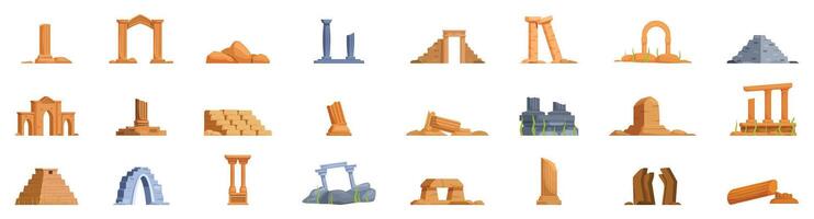 Ancient ruin icons set. Exploring ancient ruins, discovering remnants of lost civilizations vector