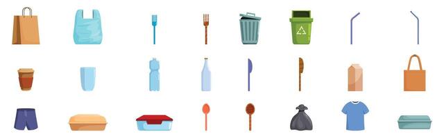 Waste reduction icons set. Disposable items promoting environmental pollution and waste management issues vector