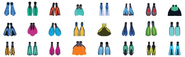 Scuba flippers icons set. Colorful diving fins for underwater exploration and snorkeling adventures vector