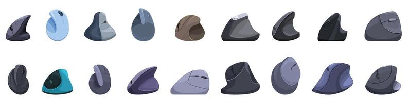 Vertical computer mouse icons set. Ergonomic vertical mice improving comfort and preventing rsi for computer users vector