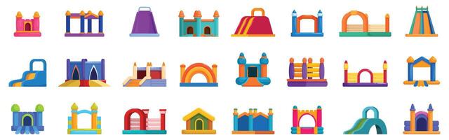 Inflatable bouncy house icons set. Inflatable bouncy houses and obstacle courses providing entertainment for children vector