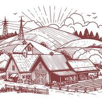Timeless Vintage Farm Sketch with Rolling Hills and Rustic Charm vector