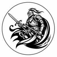 This illustration shows a knight in full armor holding two swords, one in each hand, with a flowing cape in the background. The bold lines and intricate details give it a powerful and heroic stance vector