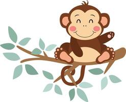 Funny monkey on branch of tree with green leaves. vector