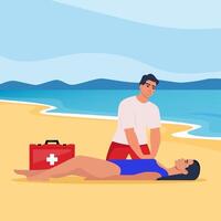 Beach lifeguard performs indirect heart massage to drowning woman rescued from the water. Emergency drowning assistance situation. Cardio Pulmonary Resuscitation. . vector