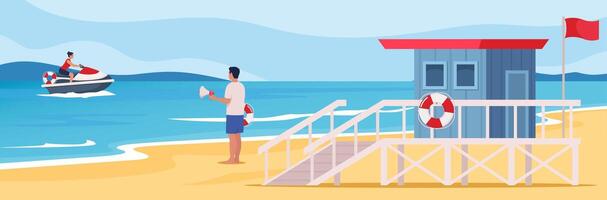 Lifeguard tower and professional beach lifeguard standing with lifebuoy and loudspeaker on the beach. Coast guard station in modern flat design. illustration. vector