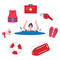 Drowning woman and beach lifeguards equipment set. illustration. vector