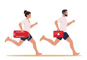 Man and woman lifeguards run along beach to save life of someone drowning. People work as lifeguards. illustration. vector