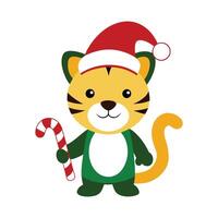 Outline of a Tiger Cub with Santa Hat and Candy Cane on White Background vector