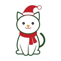 adorable outline of a cute cat in a Santa Claus hat and scarf on a crisp white background vector